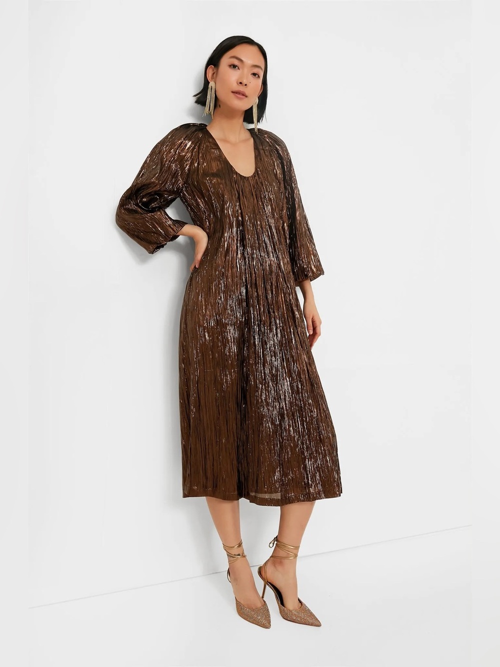 NWT Tuckernuck Hyacinth‎ House Bronze Metallic Plisse Dorinda Dress (XS)